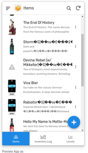 affichage des bières dans l’application avec les caractères corrompus