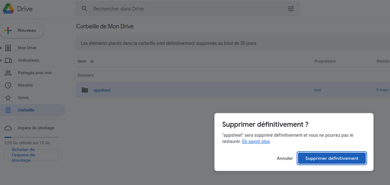 google drive, popup de suppression définitive