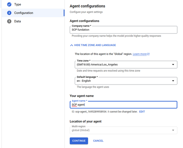 configuration de l’agent, un nom d’entreprise (j’ai mis SCP fundation), un fuseau horaire, j’ai mis défaut los angeles, langue anglaise, un nom de chatbot, j’ai mis SCP agent