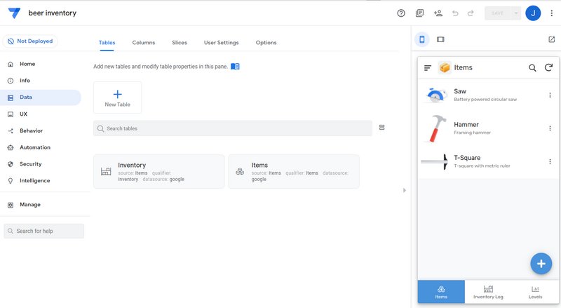 capture dashboard avec 2 tables de données item et inventory et une prévisualisation de l’application (affichages des outils)