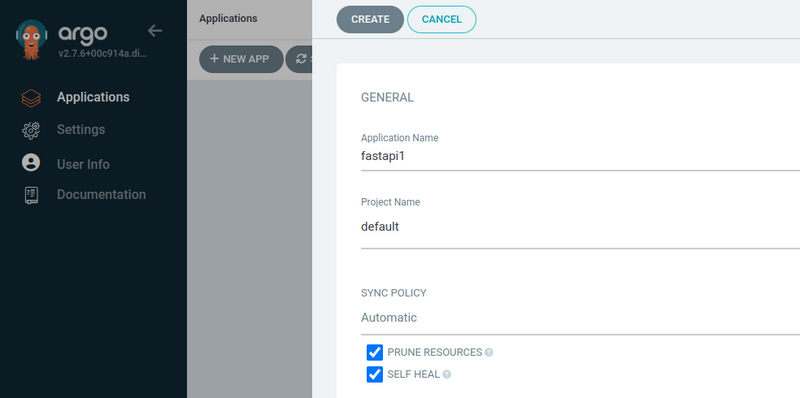 vue de création de l’application, on renseigne le nom de l’application, le nom du projet, prune ressource et self heal 