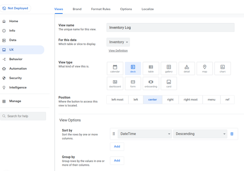 capture interface de customisation de l’application, on trouve différente proposition de vue de données, des moyens de positionner les boutons et trie de données 