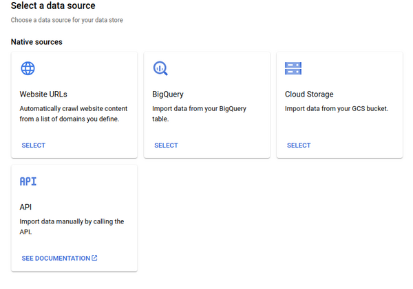 choisir la source de donnée, website url, bigquery, cloudstorage (j’ai pris ça), API (import manuel par l’API)