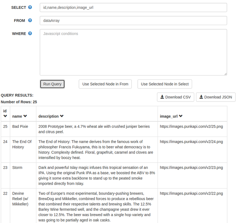 interface de JSON SQL online, on y vois l’énorme JSON filtré et présenté sous forme de tableau avec les champs qui nous intéresse, id,name,description,image_url