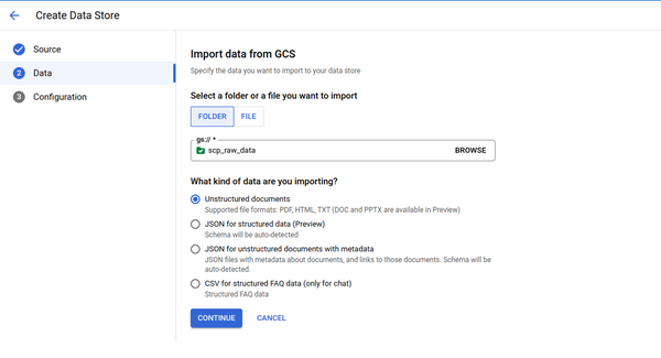 configuration du datastore (gcs), on a le choix de renseigner un dossier ou des fichiers dans le bucket, j’ai mis la racine du bucket. plusieurs formats possible de données, j’ai mis documents non structuré txt, html, pdf