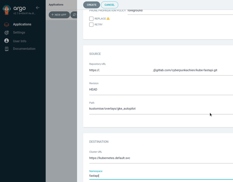 suite de la création de l’application, on renseigne le repository URL (url git), revision (branche git/ tag), path (kustomize path), le cluster de destination et le namespace