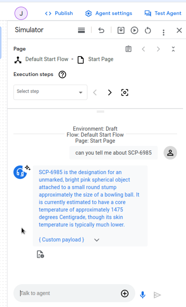 fenêtre de chat de dialogue flow, je demande des infos sur SCP-6985 il me donne un résumé de l’entité.