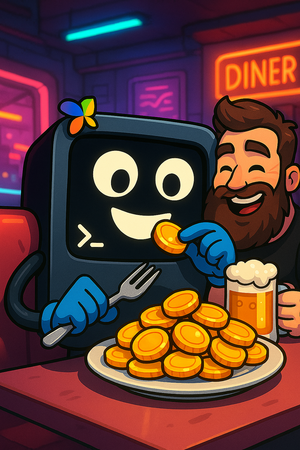 Gemini CLI mange des pièces d’or dans son assiette, un barbu bois une bière à la même table