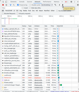capture d’écran de l’onglet Network de la console developer chromium, on y voit les requetes HTTP capturés et l’option de sauvegarde vers une archive HAR.