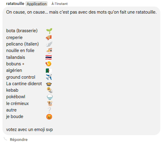capture du chatbot avec la liste des restaurants et la phrase du jour “On cause, on cause… mais c’est pas avec des mots qu’on fait une ratatouille.