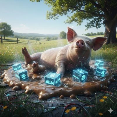 Un cochon se roule dans la boue au milieu d’une prairie bucolique, entouré de cubes holographiques brillants affichant les logos de Kubernetes et Helm.
