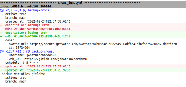 gitk diff entre 2 versions du fichier de cron