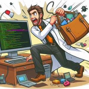 Développeur qui lance sa sacoche remplie de code dans son ordinateur