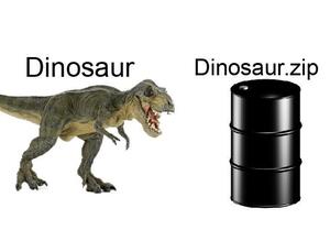 blague de geek: à gauche un dinosaure, à droite un baril de pétrole ; légende: à gauche dinosaure, à droite dinosaure.zip