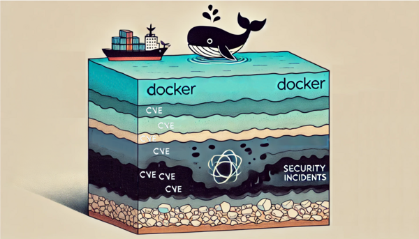 Illustration d’un océan en vue de coupe : en haut de l’image, des logos Docker fuient des CVEs qui s’entassent au fond de l’océan pour former du pétrole de CVEs.