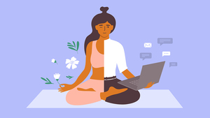 illustration d’une femme en pose du lotus d’un coté zen avec une tenue de yoga , un côté productif avec un ordinateur et une tenue professionel