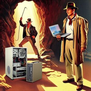 Deux aventuriers en tenue d’Indiana Jones explorent une grotte, armés d’un laptop et de vieux serveurs poussiéreux.