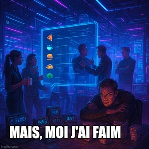 Je boude dans un coin , pendant que les collègues discute de oû on mange, avec un message “mais, moi j’ai faim”