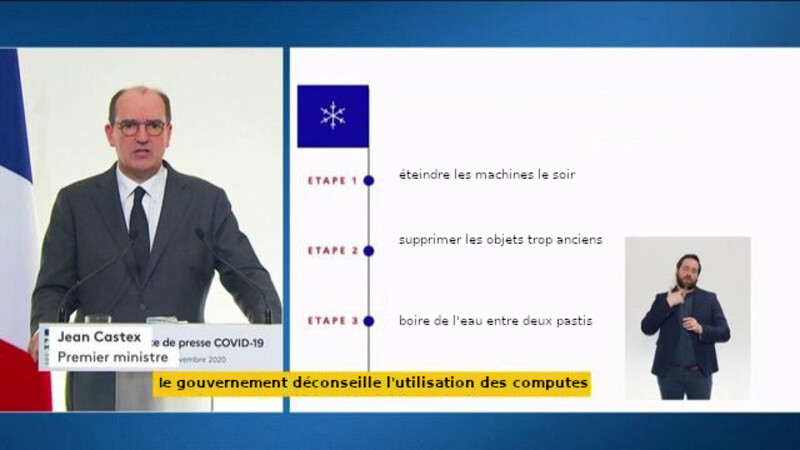 montage photo avec Jean Castex, Le gouvernement déconseille l’utilisation des computes. étape 1 éteindre les machines le soir, étape 2 supprimer les objets inutiles, étape 2 boire de l’eau entre deux pastis 