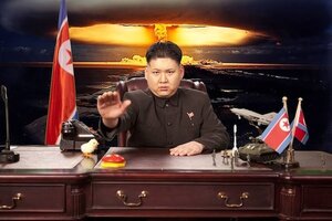 kim jun hun, devant son bureau avec une explosion nucléaire en arrière plan