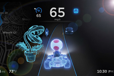 Toad de l’univers Mario Kart, fusionné avec la vue autopilote de Tesla