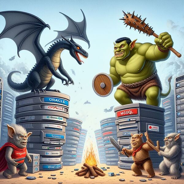 a gauche un dragon sur un serveur oracle , combat contre un orc sur un serveur MSSQL