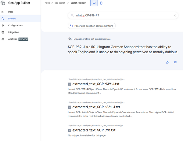 Vertex IA en mode recherche de document, on a une interface de recherche qui donne la réponse sous forme de chat et un résumé + lien direct des documents concernés par la recherche