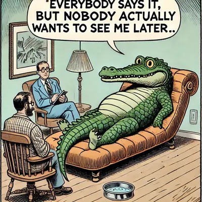 Un crocodile allongé sur un divan, qui dit à son thérapeute “Everybody says it, but nobody actually wants to see me later…