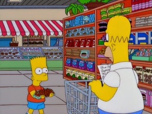 Homer et Bart Simpsons, en train de faire les courses