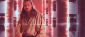 Star Wars, combat contre Dark Maul, Qui Gon Jinn patiente que les boucliers se baissent pour combattre