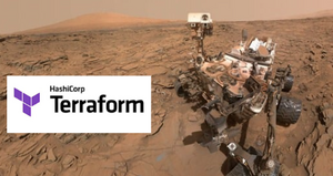 Logo de Terraform à côté du rover Perseverance sur la planète Mars.