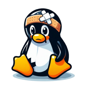 La mascotte de Linux qui est un peu triste et qui a pris un coup sur la tête, il porte un bandage d’hôpital à la tête.