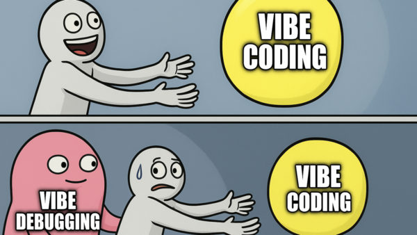 meme en deux cases : un personnage court avec enthousiasme vers une bulle VIBE CODING, mais finit par être freiné et enlacé par un monstre rose étiqueté VIBE DEBUGGING.