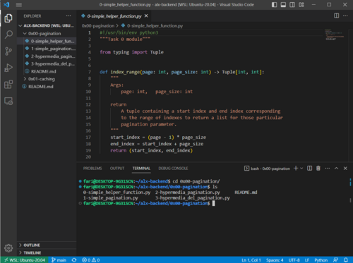 capture d’écran vs code, le code en haut, le shell linux en bas de l’IDE